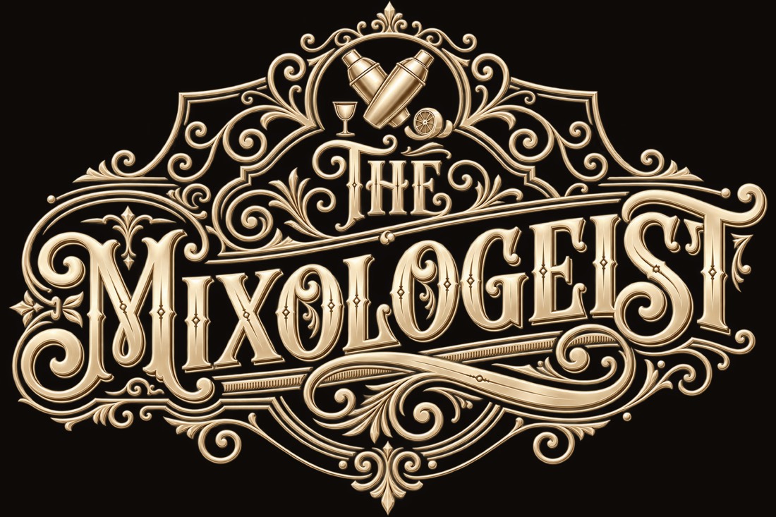 The Mixologeist — ornate gold vintage lettering with cocktail shakers