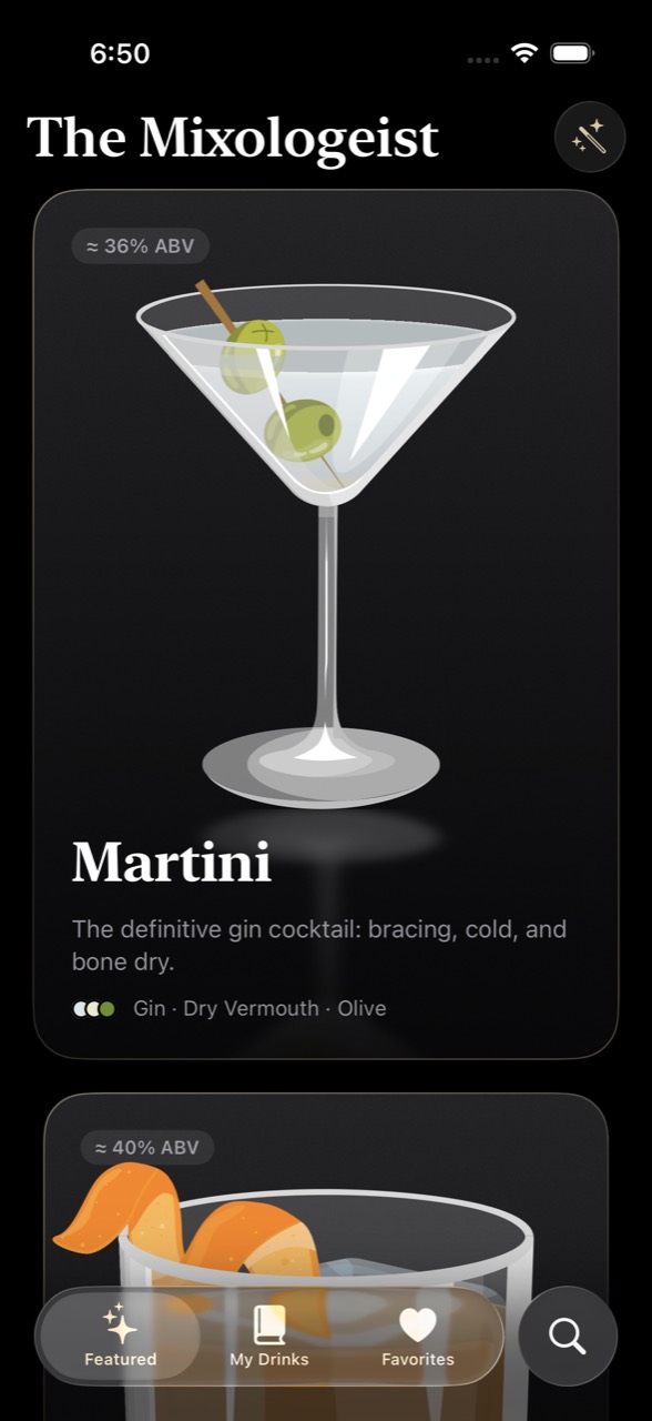 Mixologeist featured screen showing a Martini recipe card