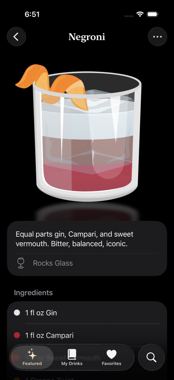 Mixologeist recipe detail for a Negroni with ingredients list